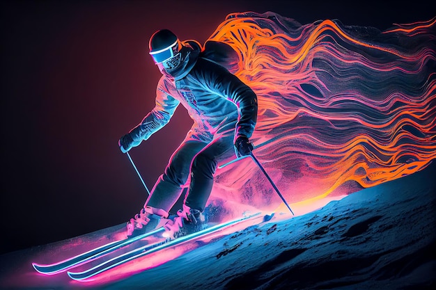 Esquiador de neón bajando la montaña IA generativa IA generativa