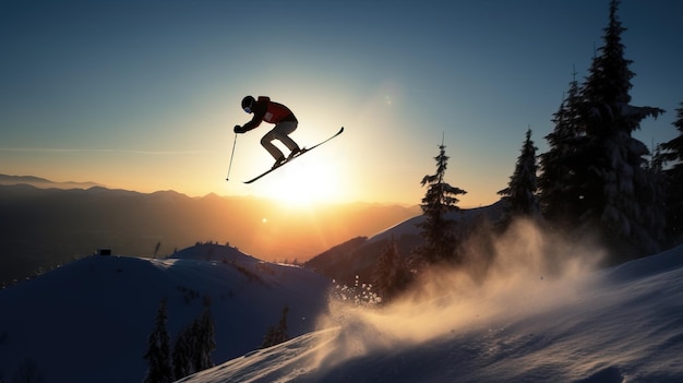 Esquiador no fundo do salto da montanha coberta de neve desce em raios de sol Férias ativas de inverno