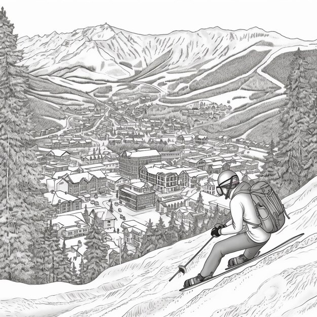 Foto esquiador en una pendiente pronunciada con una ciudad en el fondo ai generativo