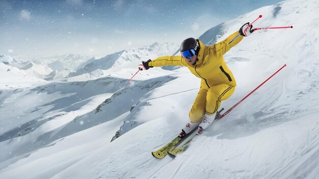 Foto esquiador profissional em roupas esportivas amarelas descendo a encosta em georgia guduri