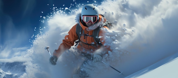 Esquiadora con casco y gafas de protección sobre el fondo del cielo azul