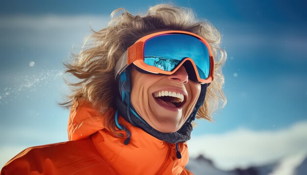Esquiadora feliz con el telón de fondo de las montañas