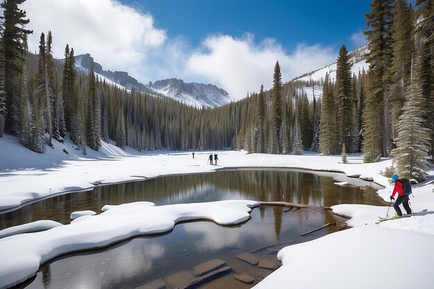 Foto los esquiadores de backcountry cruzan un pequeño lago al sur del paso de chalk creek