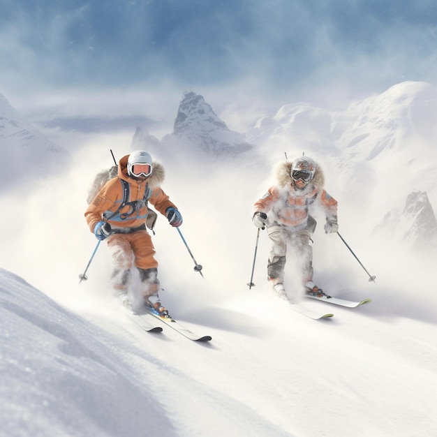 Esquiadores con chaquetas naranjas esquiando por una pendiente de montaña nevada ai generativo