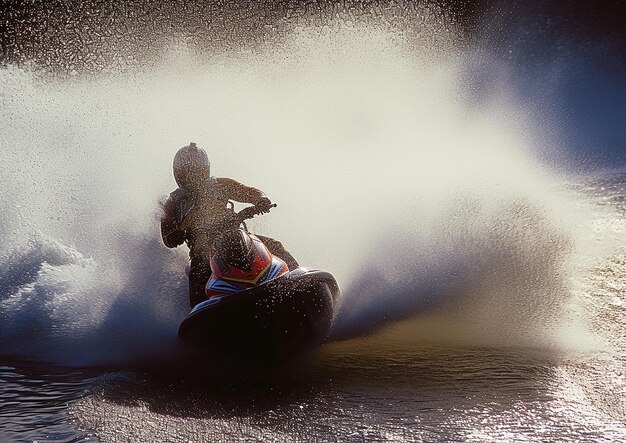 Foto esquiadores de ação de jet ski de alta velocidade esculpindo através das ondas