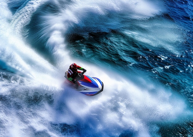 Foto esquiadores de ação de jet ski de alta velocidade esculpindo através das ondas