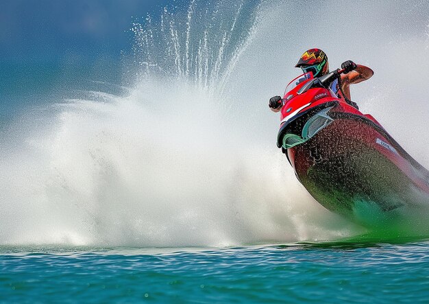 Esquiadores de ação de jet ski de alta velocidade esculpindo através das ondas