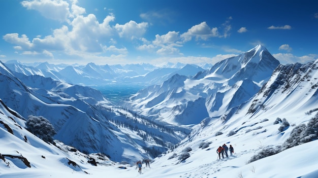 Esquiadores em uma encosta de montanha de neve com um céu azul