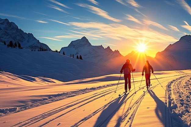 Esquiadores em uma manhã ensolarada de inverno na Itália Alpes Tirol do Sul Solda no pôr do sol