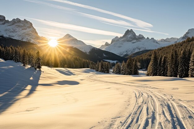 Esquiadores em uma manhã ensolarada de inverno na Itália Alpes Tirol do Sul Solda no pôr do sol