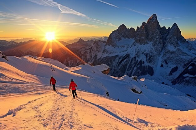 Esquiadores em uma manhã ensolarada de inverno na Itália Alpes Tirol do Sul Solda no pôr do sol