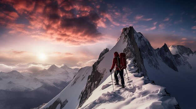 esquiadores em uma montanha com um pôr-do-sol no fundo generativo ai