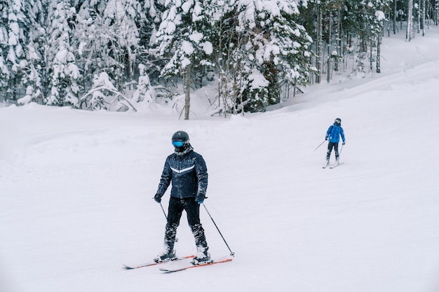Foto los esquiadores en equipo esquian por la ladera de una montaña nevada en el borde del bosque