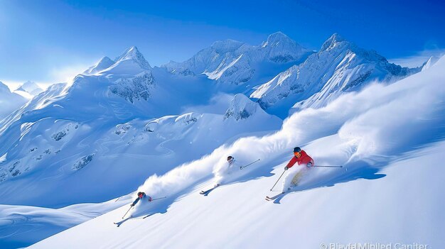 Esquiadores con trajes vívidos en las laderas nevadas