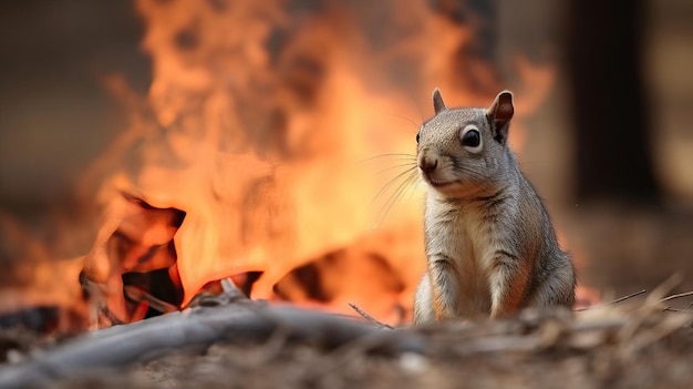 Esquilo animal assustado no fundo de um incêndio na floresta Maquete de banner de cabeçalho de catástrofe ecológica com espaço de cópia gerado por IA