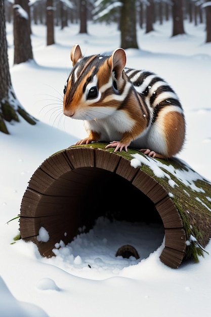 Esquilo animal selvagem à procura de comida no buraco de uma árvore na floresta nevada no inverno fotografia HD