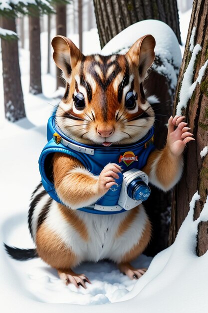 Esquilo animal selvagem à procura de comida no buraco de uma árvore na floresta nevada no inverno fotografia HD