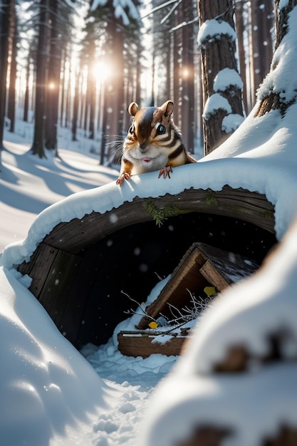 Esquilo animal selvagem à procura de comida no buraco de uma árvore na floresta nevada no inverno fotografia HD