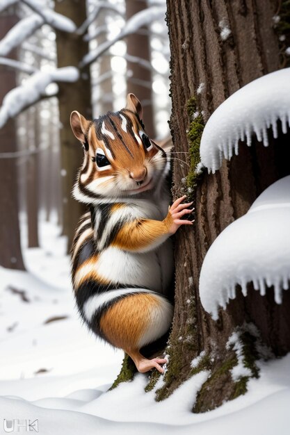 Esquilo animal selvagem à procura de comida no buraco de uma árvore na floresta nevada no inverno fotografia HD