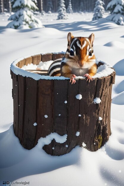 Esquilo animal selvagem à procura de comida no buraco de uma árvore na floresta nevada no inverno fotografia HD