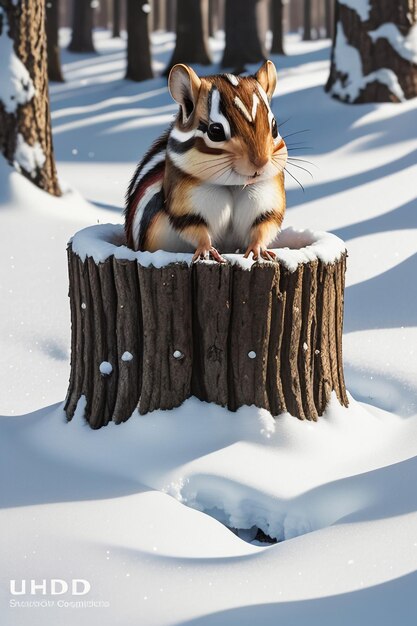 Esquilo animal selvagem à procura de comida no buraco de uma árvore na floresta nevada no inverno fotografia HD