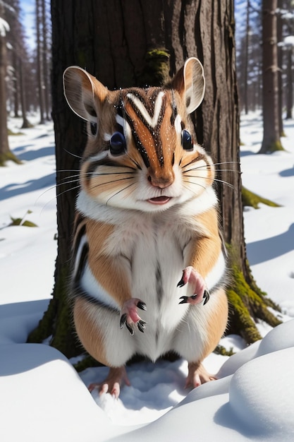 Esquilo animal selvagem à procura de comida no buraco de uma árvore na floresta nevada no inverno fotografia HD