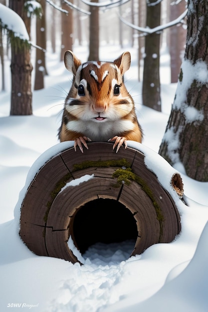 Esquilo animal selvagem à procura de comida no buraco de uma árvore na floresta nevada no inverno fotografia HD