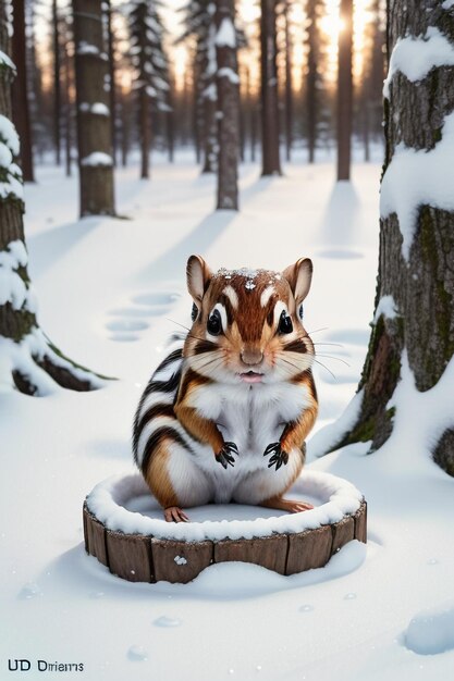 Esquilo animal selvagem à procura de comida no buraco de uma árvore na floresta nevada no inverno fotografia HD