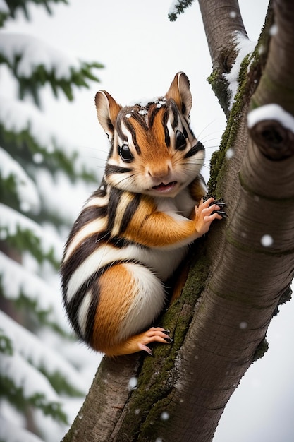 Foto esquilo animal selvagem à procura de comida no buraco de uma árvore na floresta nevada no inverno fotografia hd
