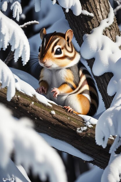 Esquilo animal selvagem à procura de comida no buraco de uma árvore na floresta nevada no inverno fotografia HD