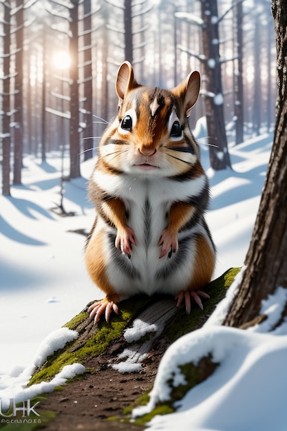 Esquilo animal selvagem à procura de comida no buraco de uma árvore na floresta nevada no inverno fotografia HD