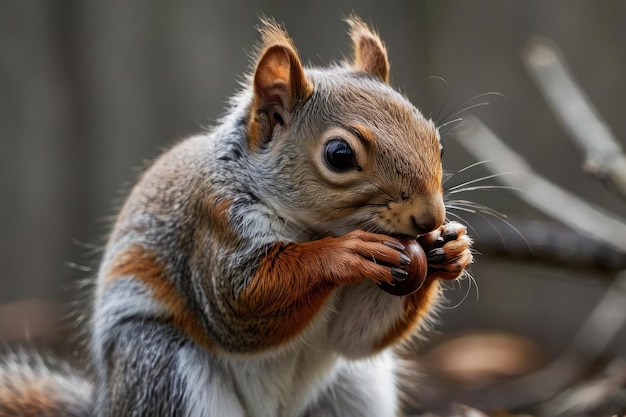 Esquilo comendo noz com cauda espessa levantada