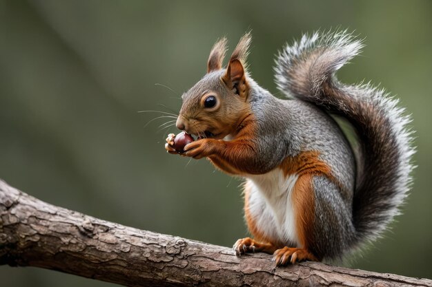 Esquilo comendo noz com cauda espessa levantada