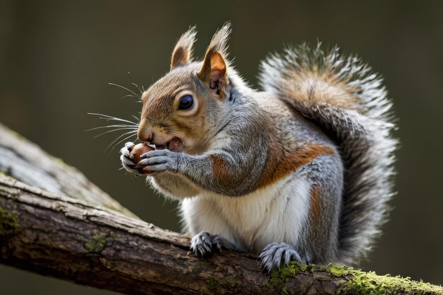 Foto esquilo comendo noz com cauda espessa levantada