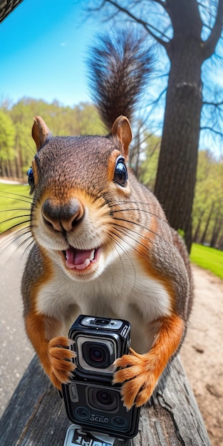 Foto esquilo curioso segurando uma câmera fotográfica