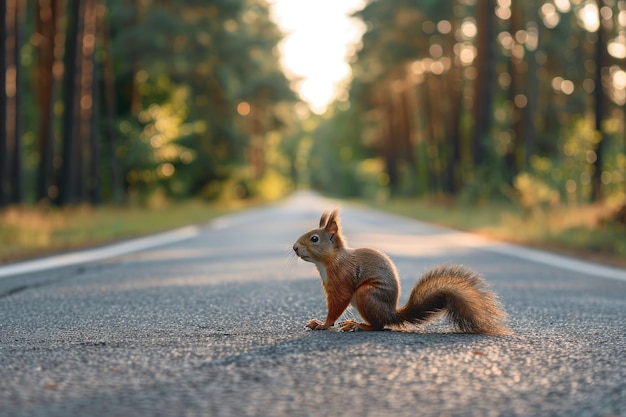 Esquilo de pé na estrada perto da floresta Estrada ameaça a vida selvagem e o transporte