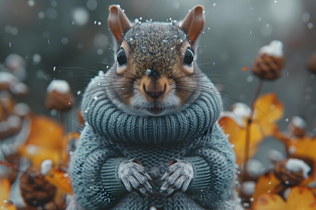 Foto esquilo embrulhado em camisola na neve ia geradora