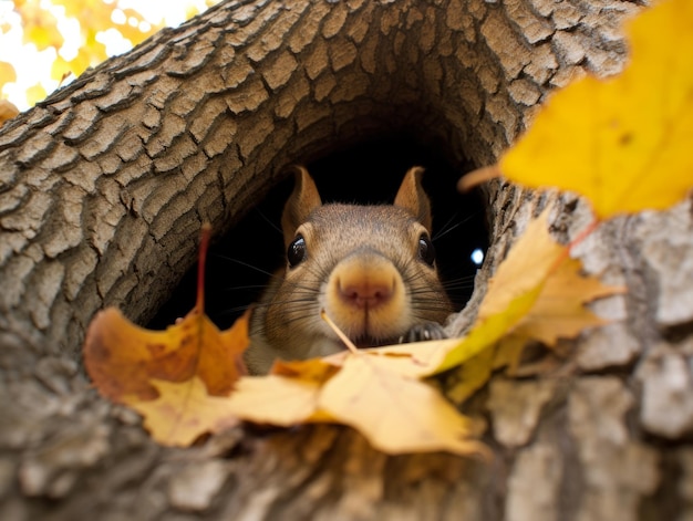 Esquilo escondido no dossel da árvore de bordo