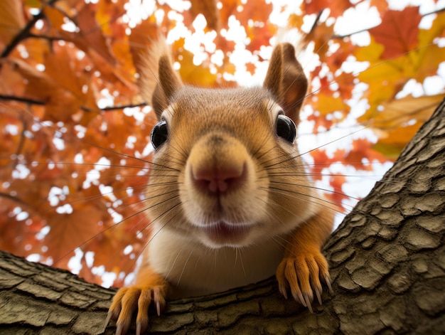 Esquilo escondido no dossel da árvore de bordo