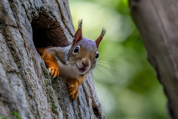 Esquilo espreita de um buraco na árvore foto curiosa de uma criatura da floresta