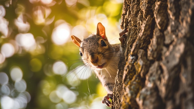 Foto esquilo na natureza cauda fofa adorável e curioso pequeno roedor na árvore comendo nozes peludo