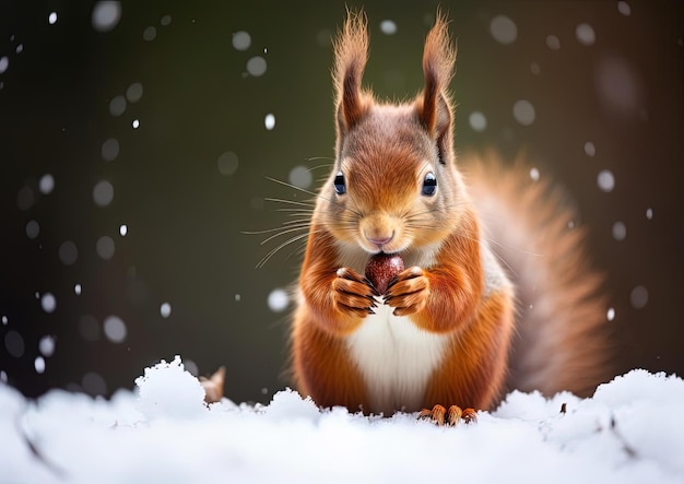 esquilo vermelho comendo sementes na neve no estilo da escola de fotografia de Dsseldorf