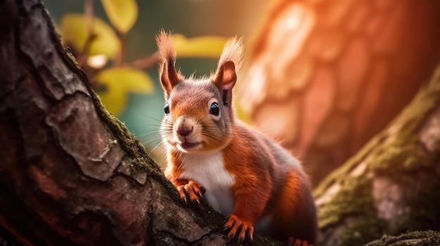 Esquilo-vermelho na árvore Lindo esquilo com olhos laranja