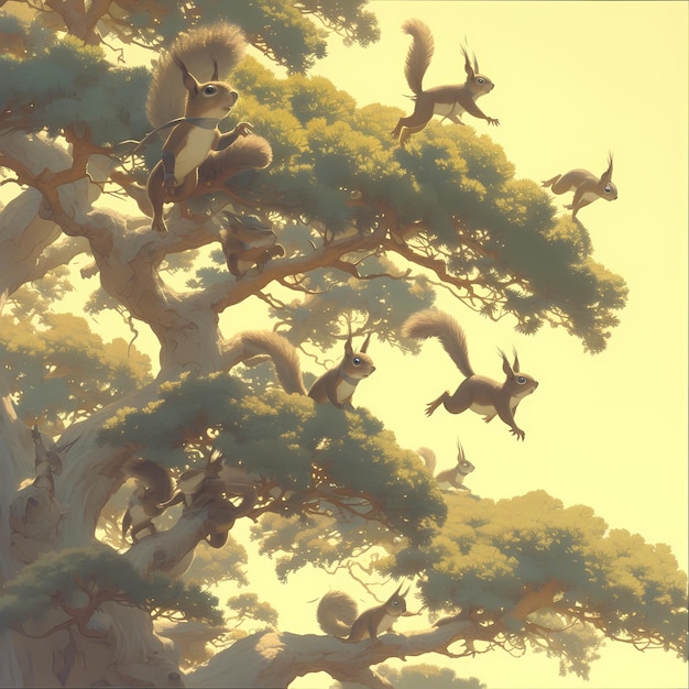 Esquilos alegres se reúnem na floresta