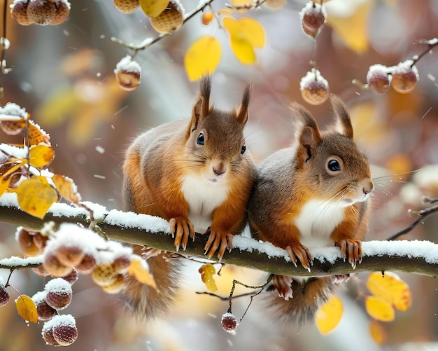 Esquilos gordinhos e aconchegantes preparando-se para o inverno