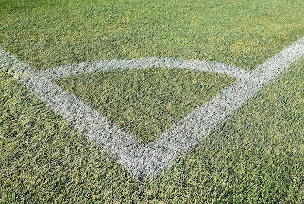 Esquina de um campo de futebol em um estádio com grama natural