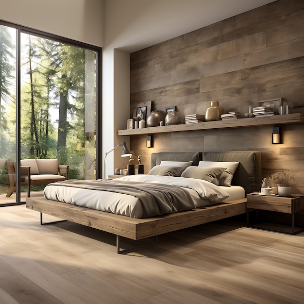 La esquina de un elegante dormitorio panorámico con paredes grises suelo de madera y techo acogedor cama king size