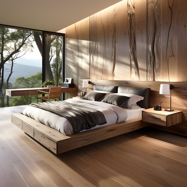 Esquina de un elegante dormitorio panorámico con paredes grises, suelo de madera y techo, acogedora cama tamaño king