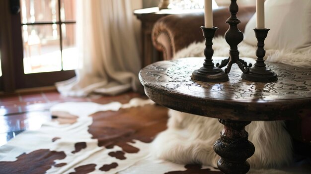 En la esquina de la habitación una alfombra de cuero de vaca está encima de una mesa con una vela de hierro forjado oscuro