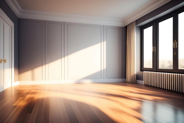 La esquina de la habitación vacía con un gran marco de vidrio blanco ventana en blanco parquet de pared pared piso vista del árbol en